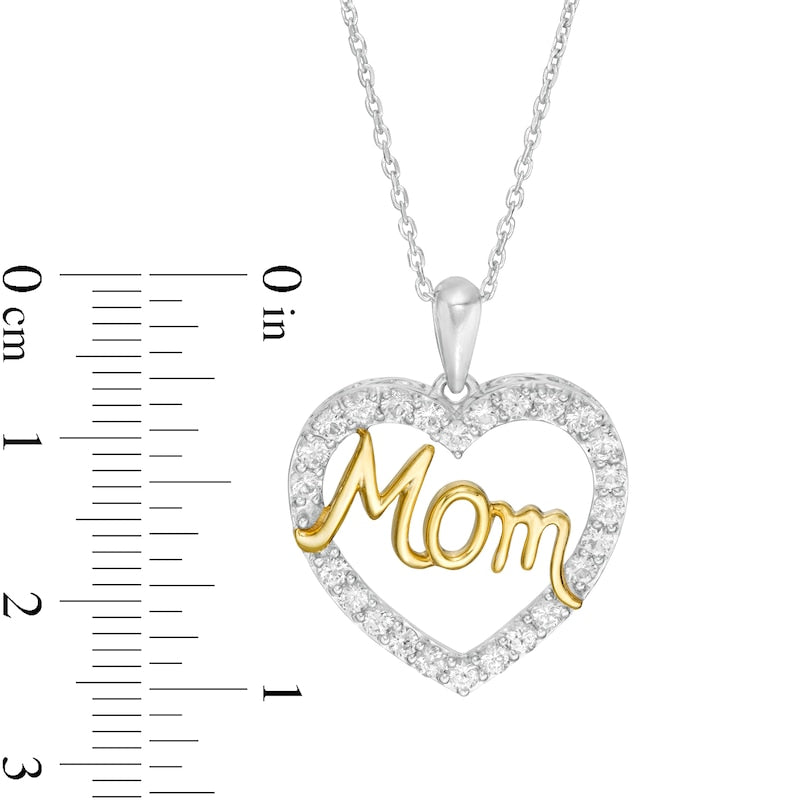 White Lab-Created Sapphire "Mom" Heart Pendant in Sterling Silver and 14K Gold Plate