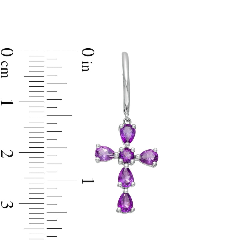 Pear-Shaped and Round Amethyst Cross Drop Earrings in Sterling Silver