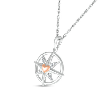 White Lab-Created Sapphire with Puff Heart Accent North Star Compass Pendant in Sterling Silver and 10K Rose Gold