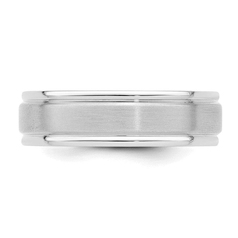 18k White Gold 6mm Standard Weight Comfort Fit Brushed Satin/Polished Grooved Edge Wedding Band Ring