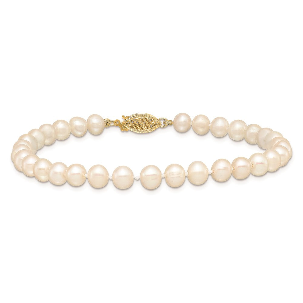 14K Yellow Gold 5 6mm White Near Round Freshwater Cultured Pearl 7.5 Inch Bracelet