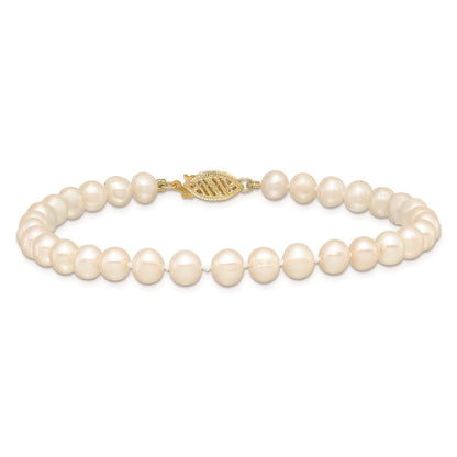 14K Yellow Gold 5 6mm White Near Round Freshwater Cultured Pearl 7.5 Inch Bracelet