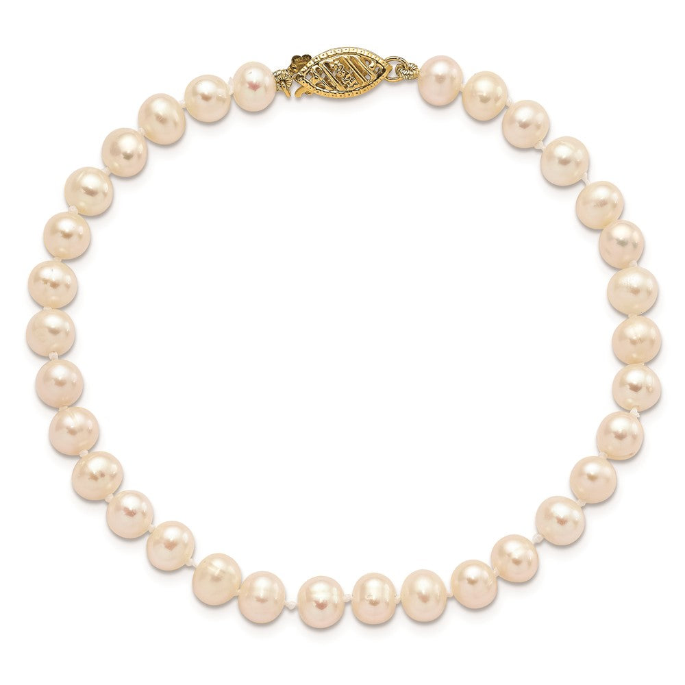 14K Yellow Gold 5 6mm White Near Round Freshwater Cultured Pearl 7.5 Inch Bracelet