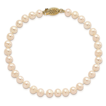 14K Yellow Gold 5 6mm White Near Round Freshwater Cultured Pearl 7.5 Inch Bracelet