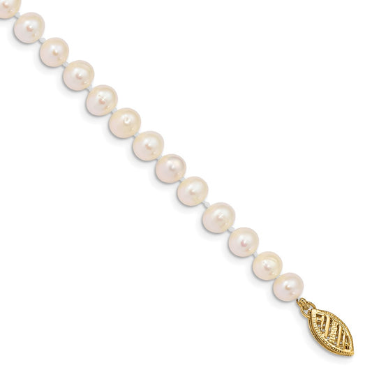 10K Yellow Gold 5-6mm White Near Round Freshwater Cultured Pearl 8.25 Inch Bracelet