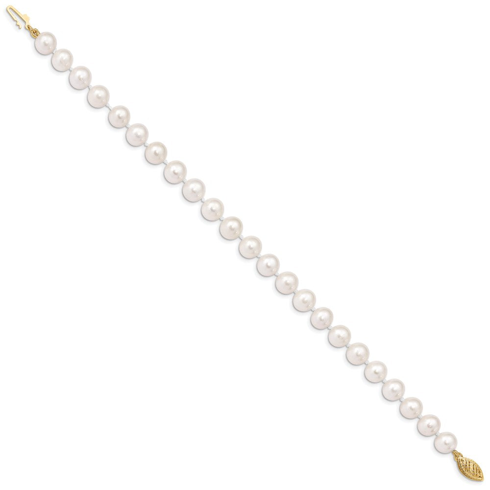 14K Yellow Gold 7 8mm White Near Round Freshwater Cultured Pearl 7.5 Inch Bracelet