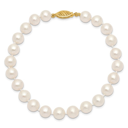 10K Yellow Gold 7-8mm White Near Round Freshwater Cultured Pearl 8.25 Inch Bracelet