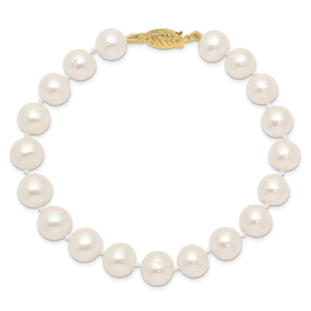 14K Yellow Gold 9 10mm White Near Round Freshwater Cultured Pearl 7.5 Inch Bracelet