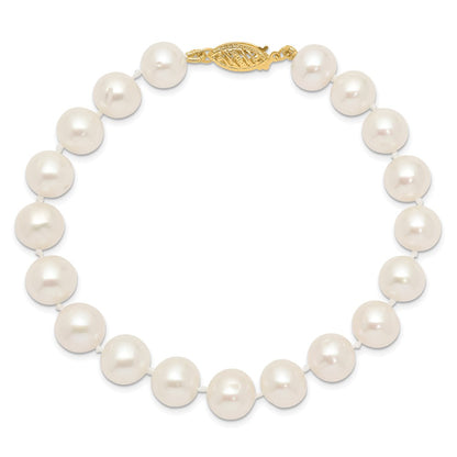 14K Yellow Gold 9 10mm White Near Round Freshwater Cultured Pearl 7.5 Inch Bracelet