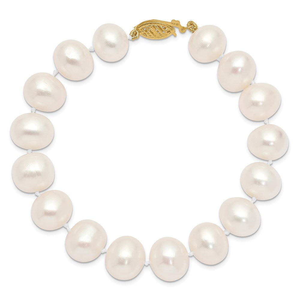 14K Yellow Gold 11 12mm White Near Round Freshwater Cultured Pearl 7.5 Inch Bracelet