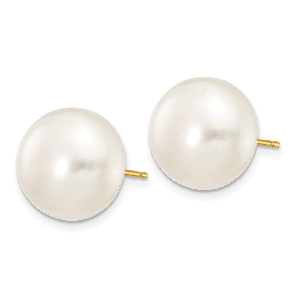14K Yellow Gold 12 13mm White Button Freshwater Cultured Pearl Stud Post Earrings