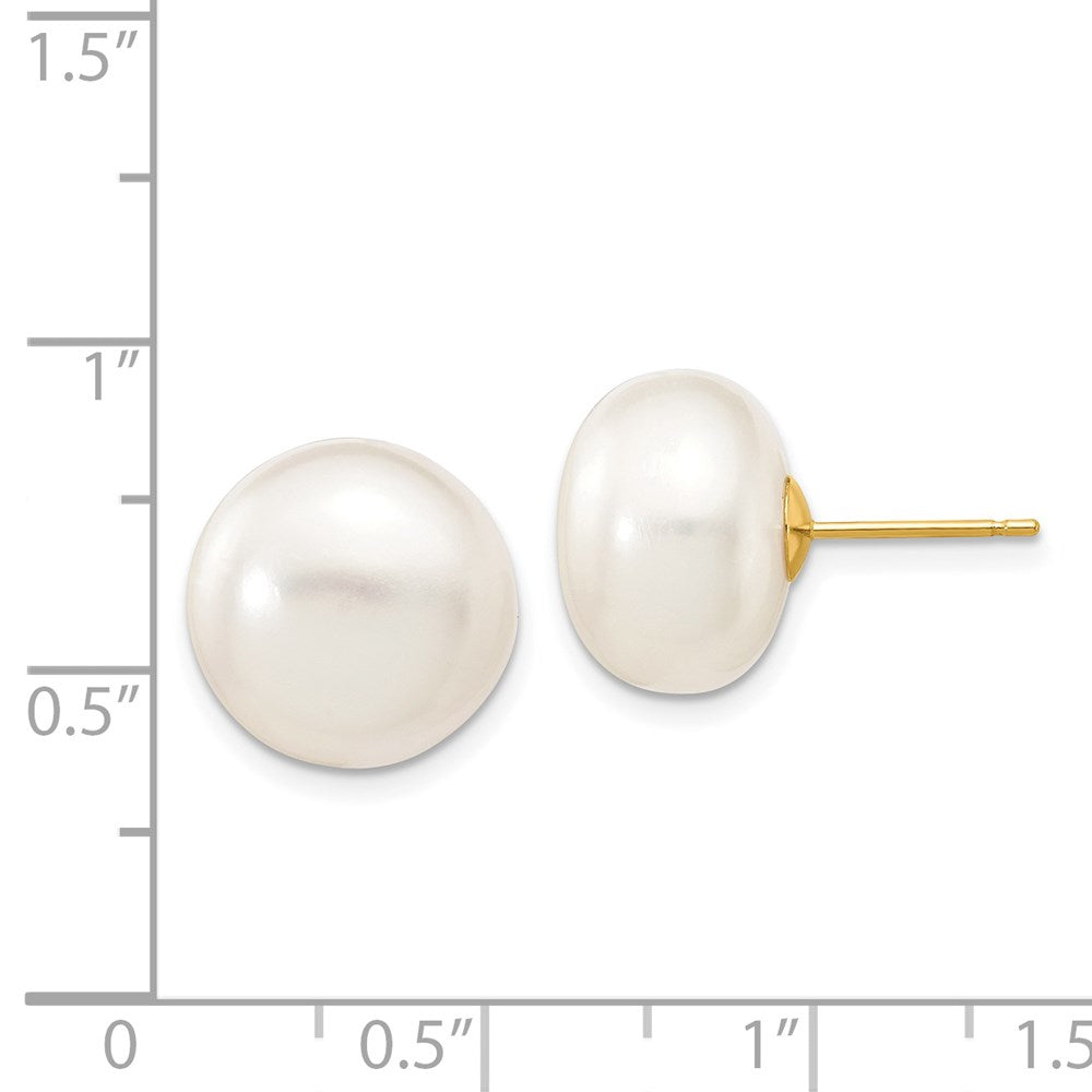 14K Yellow Gold 12 13mm White Button Freshwater Cultured Pearl Stud Post Earrings