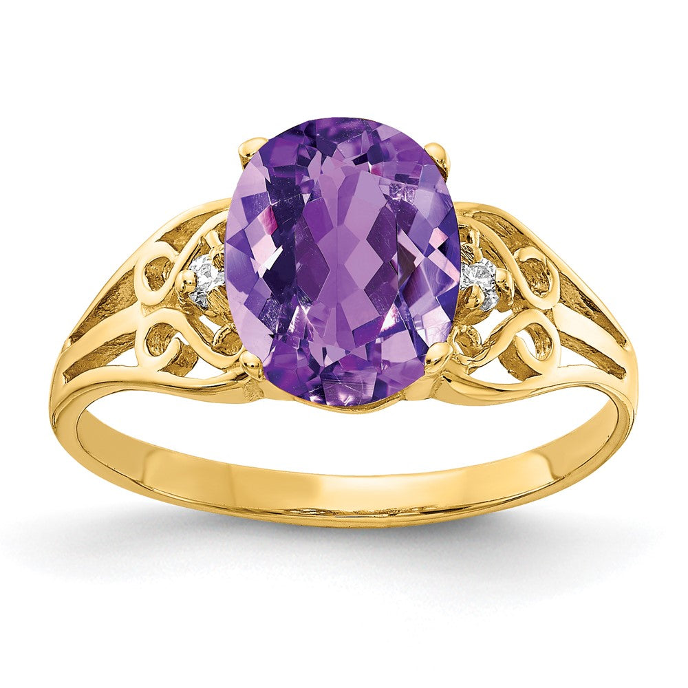 14K Yellow Gold 9X7mm Oval Amethyst Checker Aa Diamond Ring