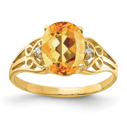 14K Yellow Gold 9X7mm Oval Citrine Checker Aa Diamond Ring