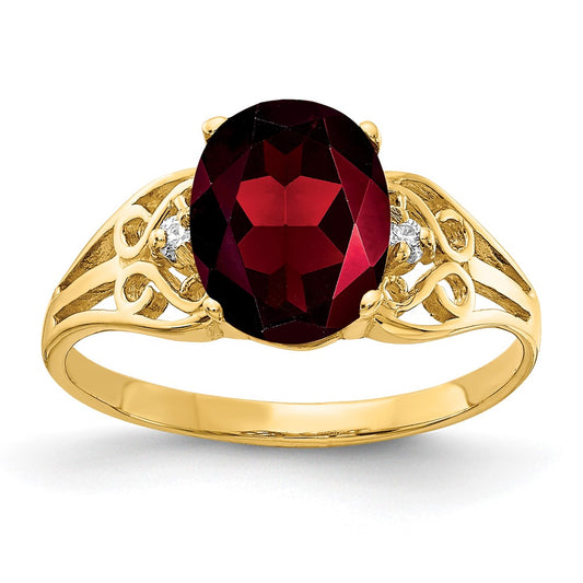 14K Yellow Gold 9X7mm Oval Garnet Checker Vs Diamond Ring