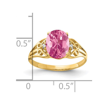 Solid 14k Yellow Gold 9x7mm Oval Simulated Pink Tourmaline A CZ Ring