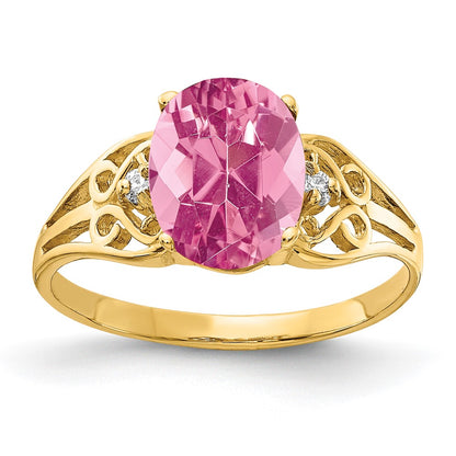 Solid 14k Yellow Gold 9x7mm Oval Simulated Pink Tourmaline A CZ Ring