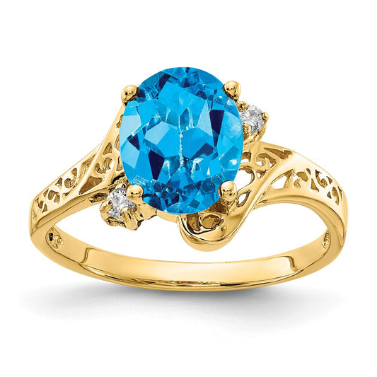 14K Yellow Gold 9X7mm Oval Blue Topaz Aa Diamond Ring