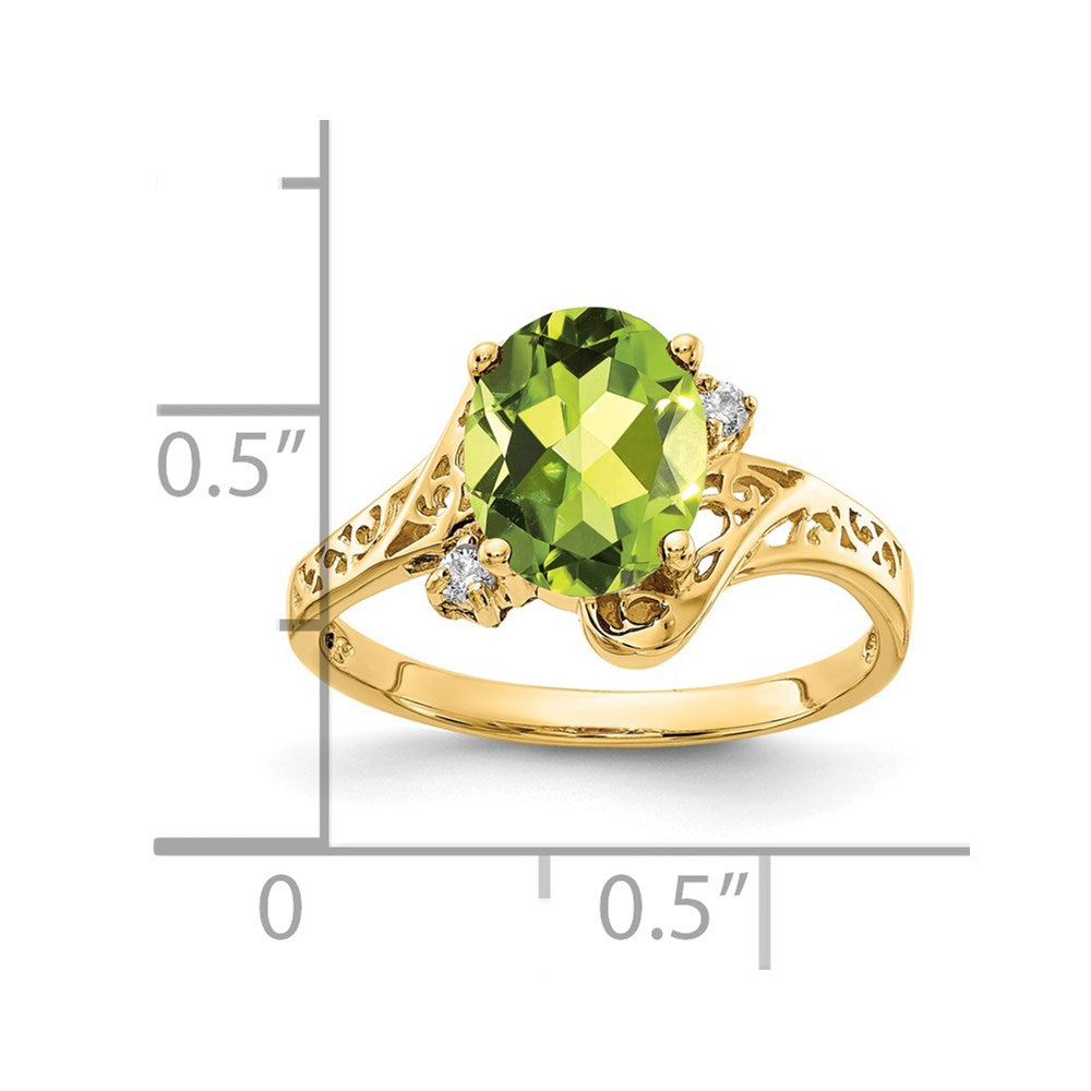 14K Yellow Gold 9X7mm Oval Peridot Checker Aaa Diamond Ring