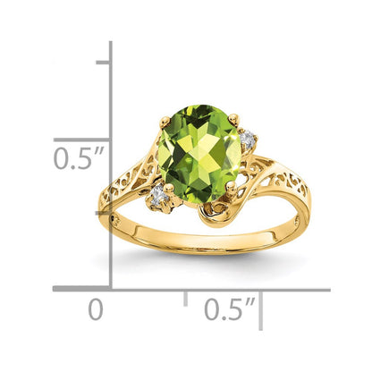 14K Yellow Gold 9X7mm Oval Peridot Checker Aaa Diamond Ring