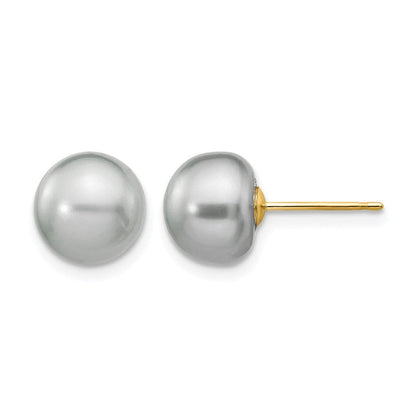 14K Yellow Gold 8-9mm Grey Button Freshwater Cultured Pearl Stud Post Earrings