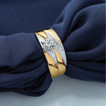 14K Yellow Gold And Rhodium Aa Quality .03 Carat Diamond Trio Ladies Complete Wedding Band