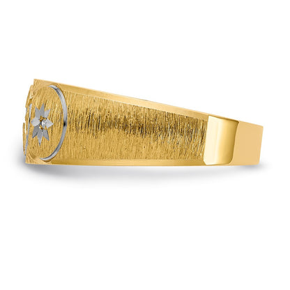 14K Yellow Gold And Rhodium Aa Quality .03 Carat Diamond Trio Mens Complete Wedding Band With Cross