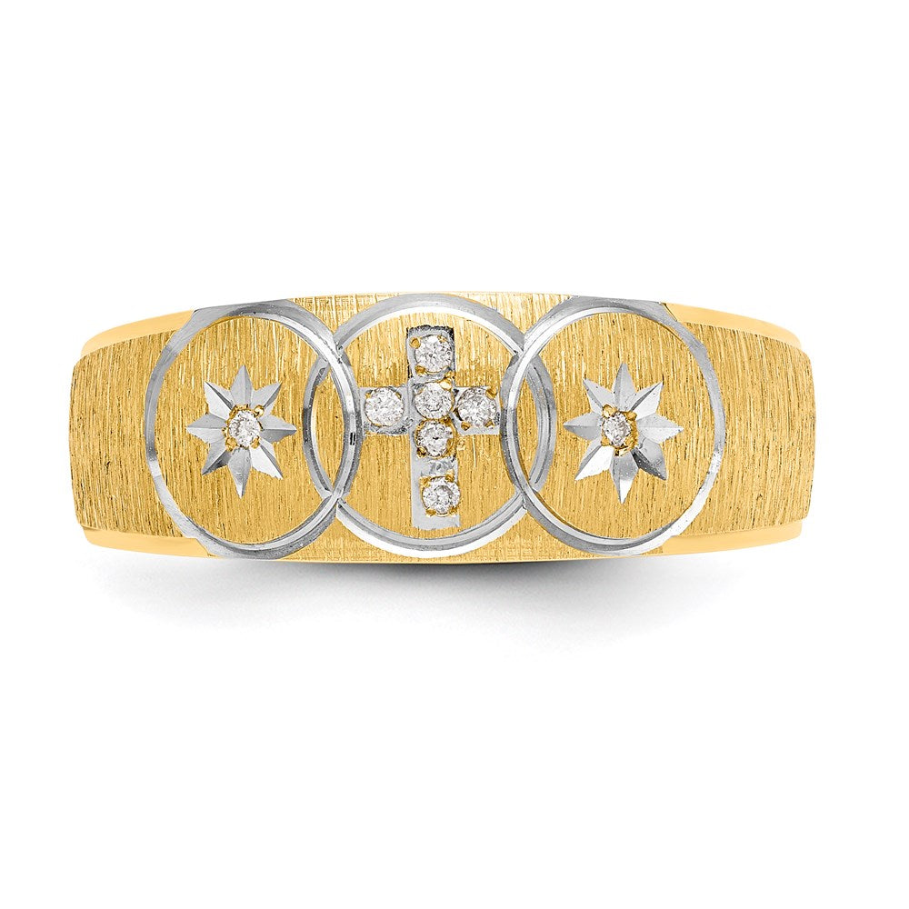 14K Yellow Gold And Rhodium Aa Quality .03 Carat Diamond Trio Mens Complete Wedding Band With Cross