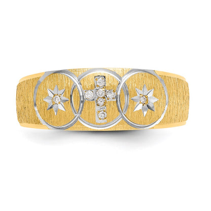 14K Yellow Gold And Rhodium Aa Quality .03 Carat Diamond Trio Mens Complete Wedding Band With Cross
