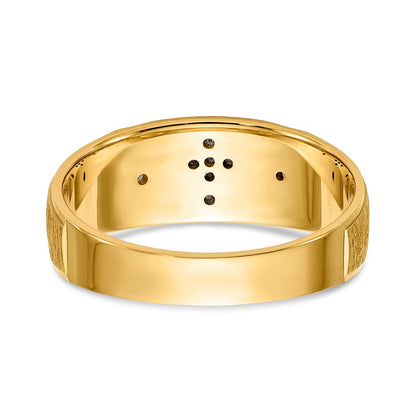 14K Yellow Gold And Rhodium Aa Quality .03 Carat Diamond Trio Mens Complete Wedding Band With Cross