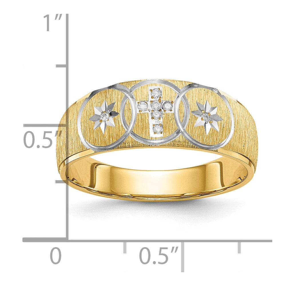 14K Yellow Gold And Rhodium Aa Quality .03 Carat Diamond Trio Mens Complete Wedding Band With Cross