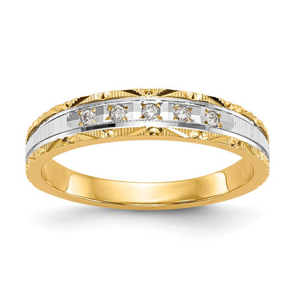 14K Yellow Gold And Rhodium Aa Quality 1/20 Carat Diamond Trio Ladies Complete Wedding Band