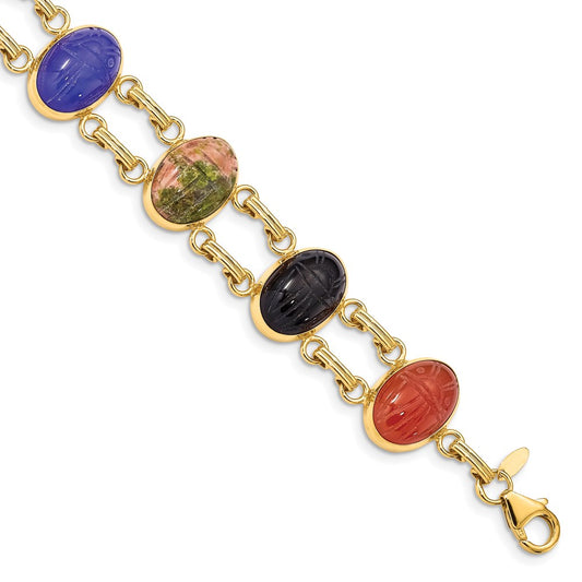 14K Yellow Gold 14X10mm Blackonyx/Blueonyx/Greenonyx/Carnelian/Epidote/Rhodonite/Tigerseye 7 Inch Scarab Bracelet