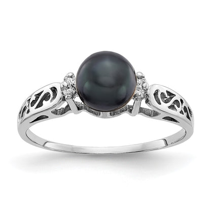 14k White Gold 6mm Black FW Cultured Pearl AA Real Diamond ring