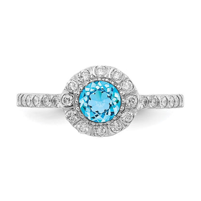 14k White Gold 5mm Blue Topaz Checker AA Real Diamond ring