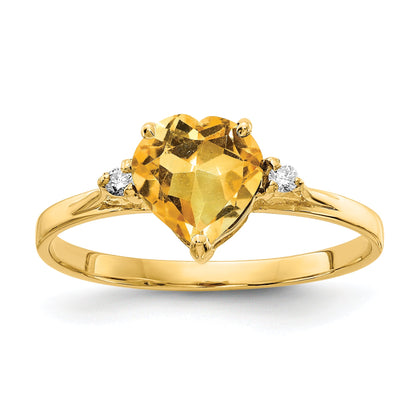 14K Yellow Gold 7mm Heart Citrine Aa Diamond Ring