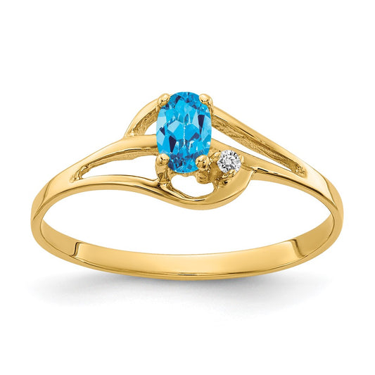 14K Yellow Gold 5X3mm Oval Blue Topaz Aa Diamond Ring