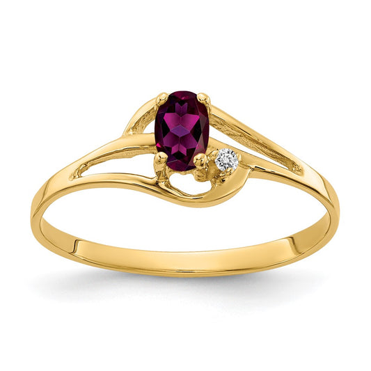 14K Yellow Gold 5X3mm Oval Rhodolite Garnet Aa Diamond Ring