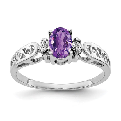 14K White Gold 6X4mm Oval Amethyst Checker Vs Diamond Ring