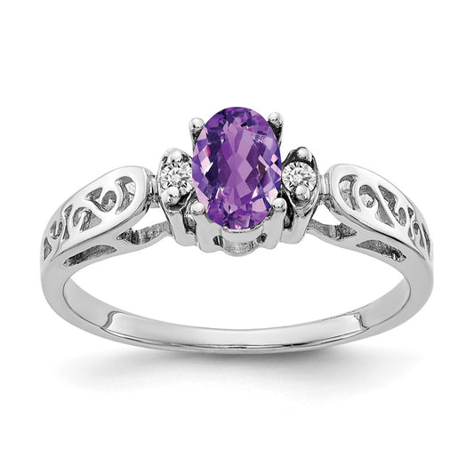 14K White Gold 6X4mm Oval Amethyst Checker Vs Diamond Ring