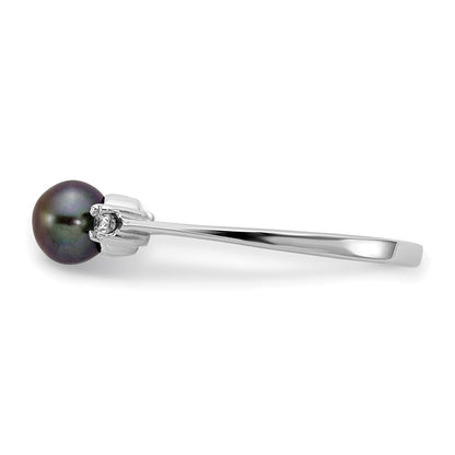 14K White Gold 5mm Black Fw Cultured Pearl Vs Diamond Ring