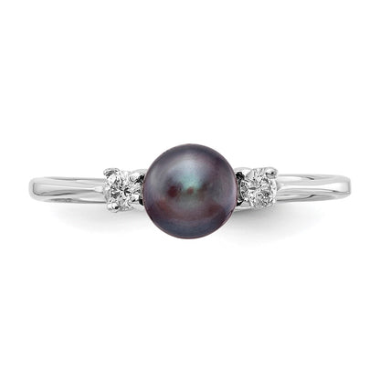 14K White Gold 5mm Black Fw Cultured Pearl Vs Diamond Ring