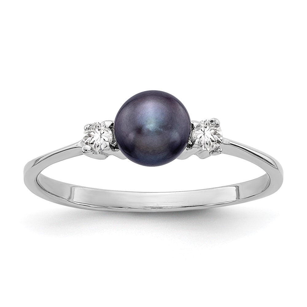 14K White Gold 5mm Black Fw Cultured Pearl Vs Diamond Ring