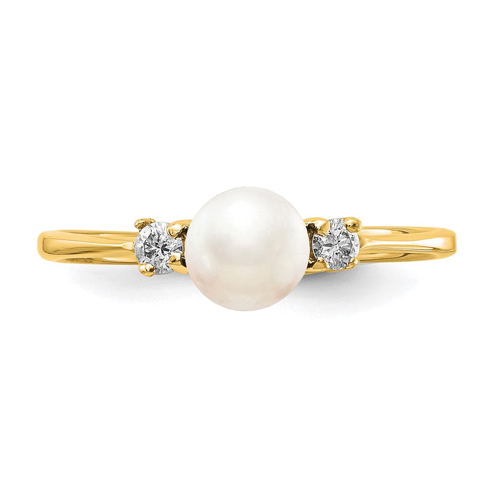 14K Yellow Gold 5mm Fw Cultured Pearl Vs Diamond Ring