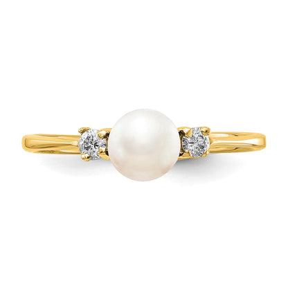 14K Yellow Gold 5mm Fw Cultured Pearl Vs Diamond Ring