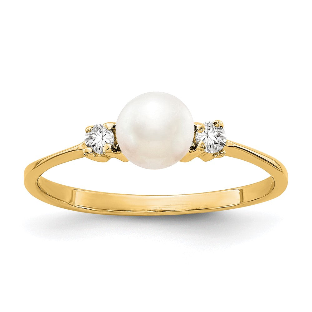 14K Yellow Gold 5mm Fw Cultured Pearl Vs Diamond Ring