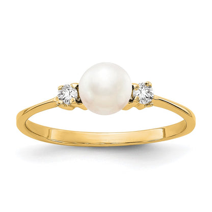 14K Yellow Gold 5mm Fw Cultured Pearl Vs Diamond Ring
