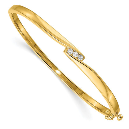 14K Yellow Gold Complete 3 Stone 1/8 Carat Vs Diamond Hinged Oval Bangle Bracelet