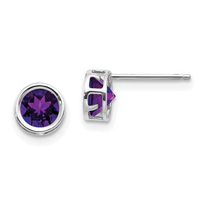 14K White Gold 5mm Bezel Amethyst Stud Earrings