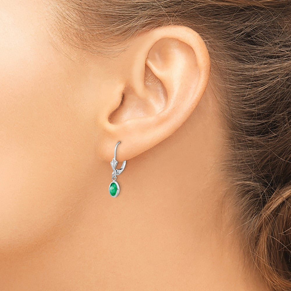 14K White Gold 6X4 Oval Bezel May/Emerald Leverback Earrings
